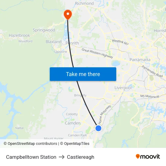 Campbelltown Station to Castlereagh map