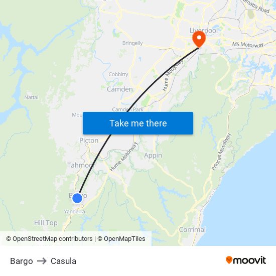 Bargo to Casula map