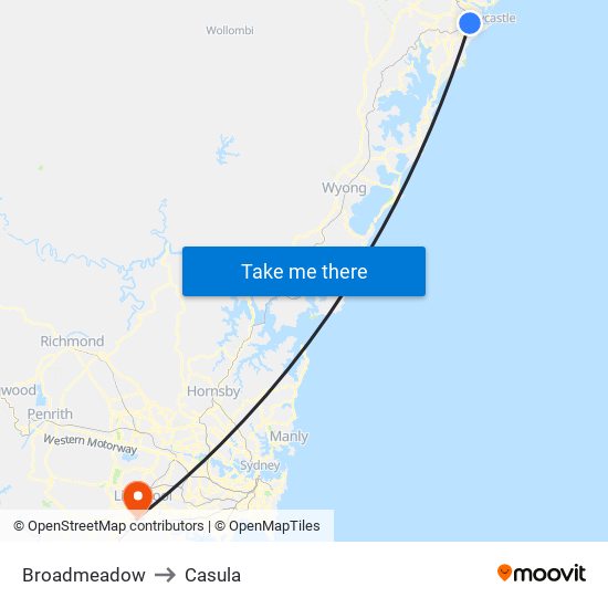 Broadmeadow to Casula map