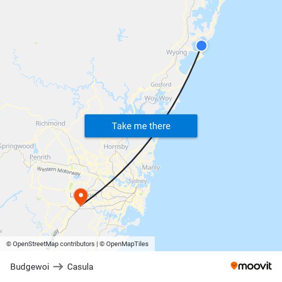 Budgewoi to Casula map