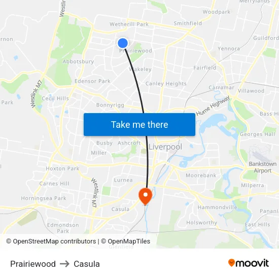 Prairiewood to Casula map