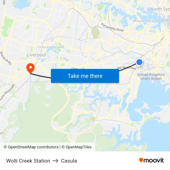 Wolli Creek Station to Casula map