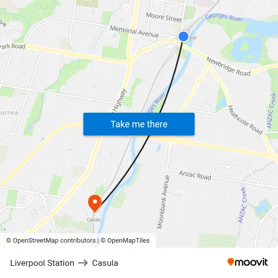 Liverpool Station to Casula map