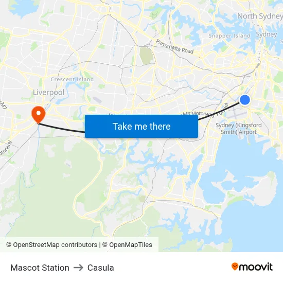 Mascot Station to Casula map