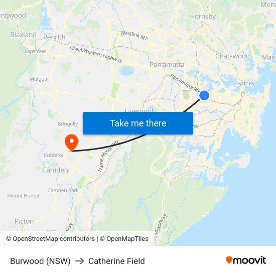 Burwood (NSW) to Catherine Field map