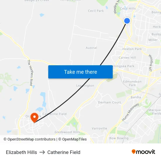 Elizabeth Hills to Catherine Field map