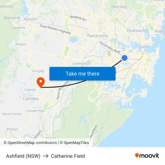 Ashfield (NSW) to Catherine Field map