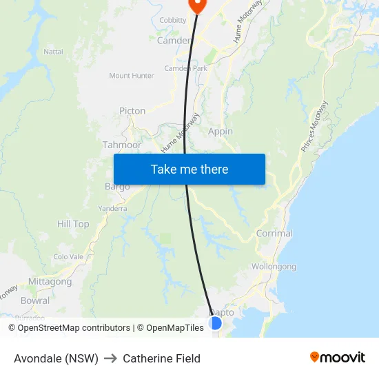 Avondale (NSW) to Catherine Field map