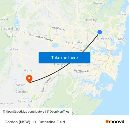 Gordon (NSW) to Catherine Field map