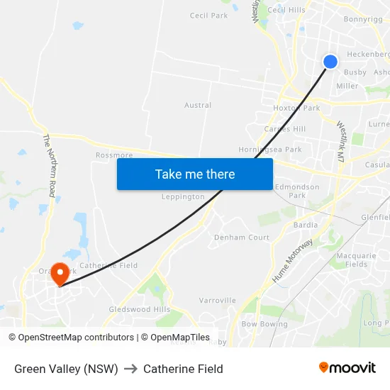 Green Valley (NSW) to Catherine Field map