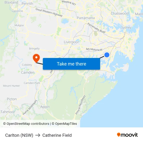 Carlton (NSW) to Catherine Field map