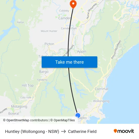 Huntley (Wollongong - NSW) to Catherine Field map
