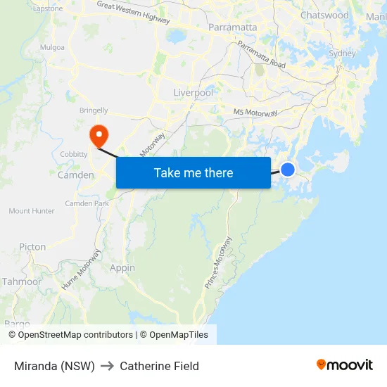 Miranda (NSW) to Catherine Field map