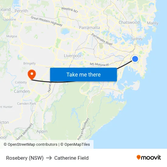 Rosebery (NSW) to Catherine Field map