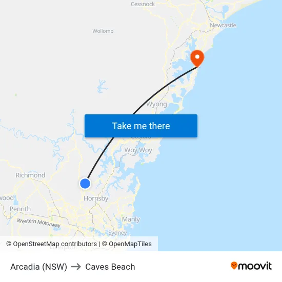 Arcadia (NSW) to Caves Beach map