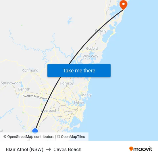 Blair Athol (NSW) to Caves Beach map