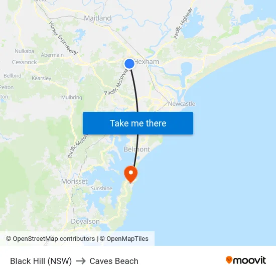 Black Hill (NSW) to Caves Beach map