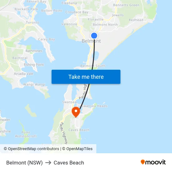 Belmont (NSW) to Caves Beach map