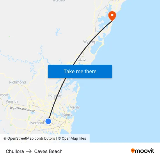 Chullora to Caves Beach map