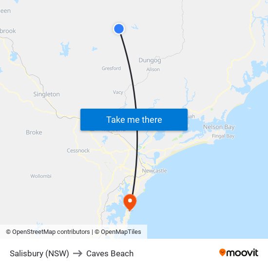 Salisbury (NSW) to Caves Beach map