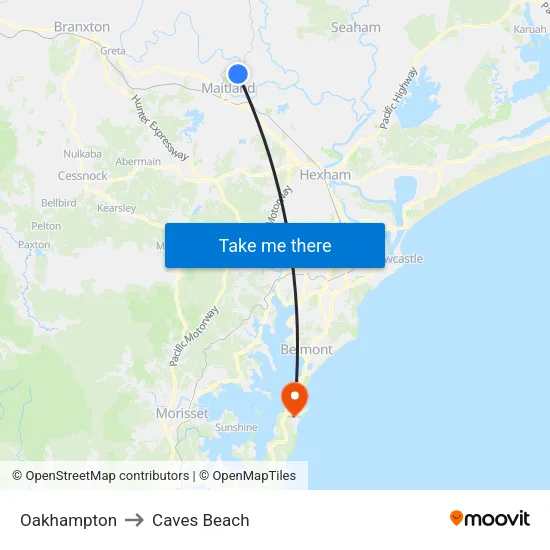 Oakhampton to Caves Beach map