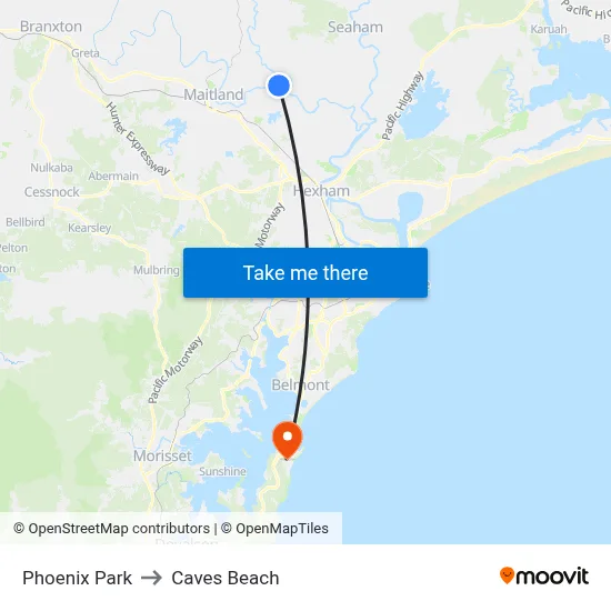 Phoenix Park to Caves Beach map