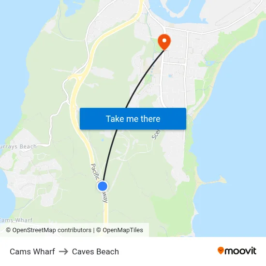 Cams Wharf to Caves Beach map