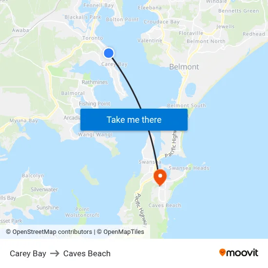 Carey Bay to Caves Beach map