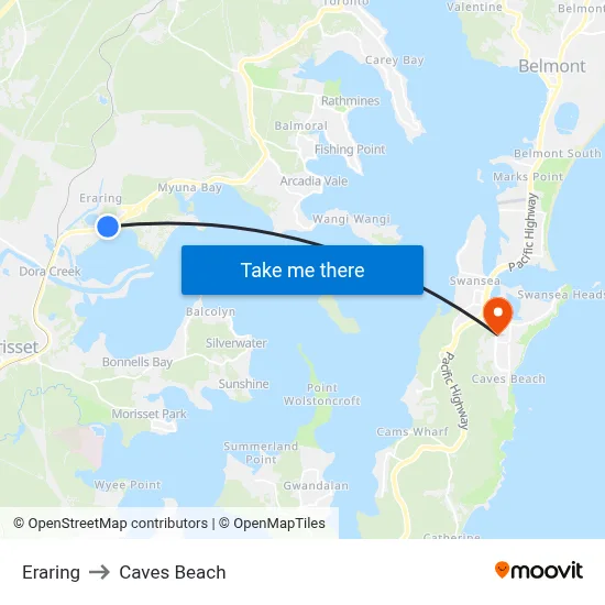 Eraring to Caves Beach map
