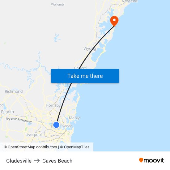 Gladesville to Caves Beach map