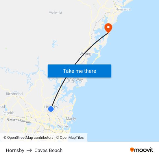 Hornsby to Caves Beach map