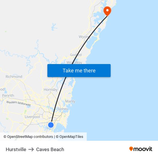 Hurstville to Caves Beach map