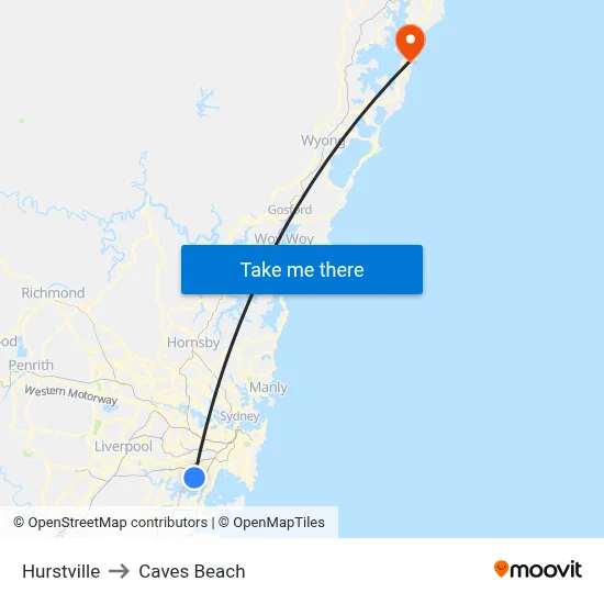 Hurstville to Caves Beach map