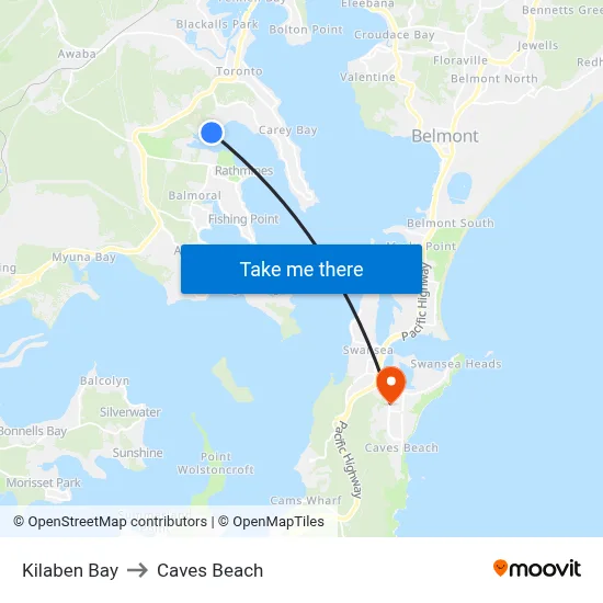 Kilaben Bay to Caves Beach map