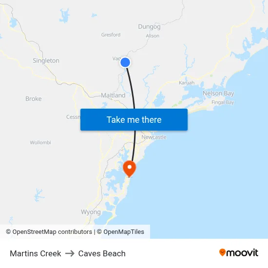 Martins Creek to Caves Beach map