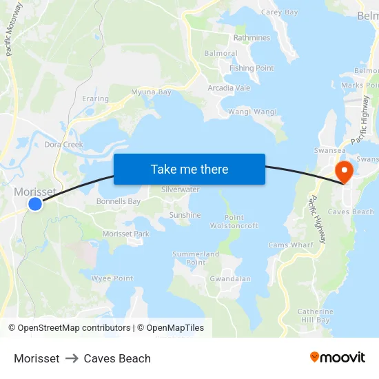 Morisset to Caves Beach map