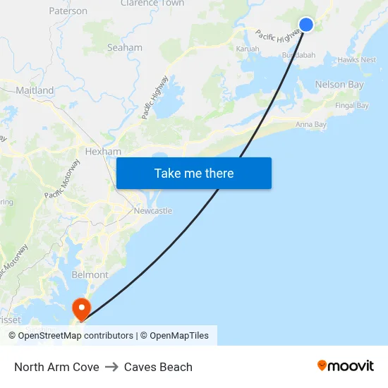 North Arm Cove to Caves Beach map