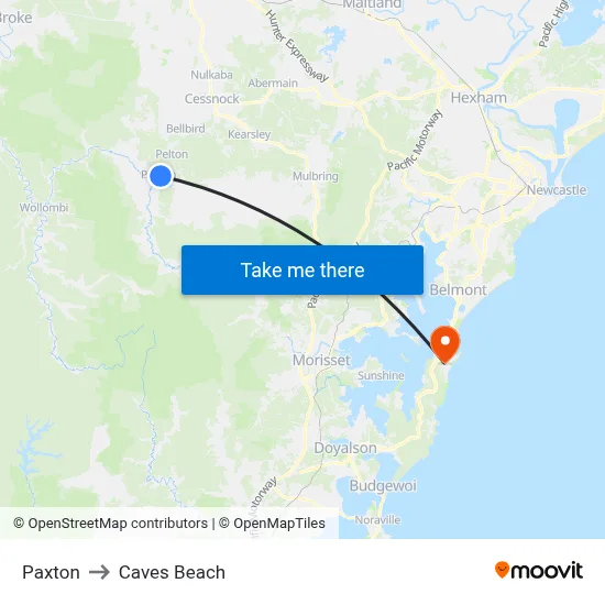 Paxton to Caves Beach map