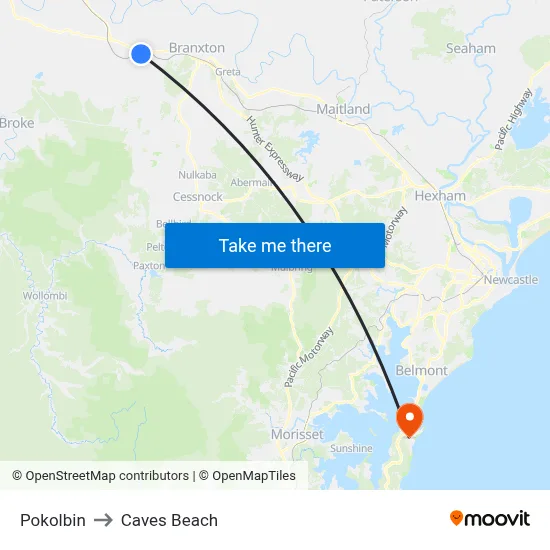 Pokolbin to Caves Beach map