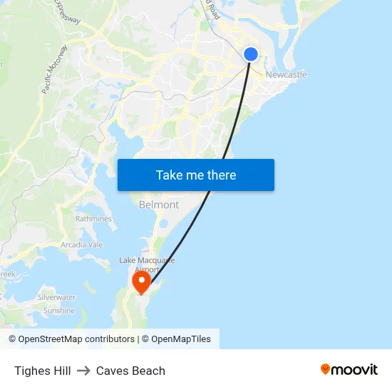 Tighes Hill to Caves Beach map