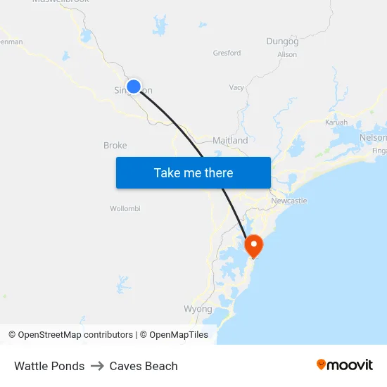 Wattle Ponds to Caves Beach map