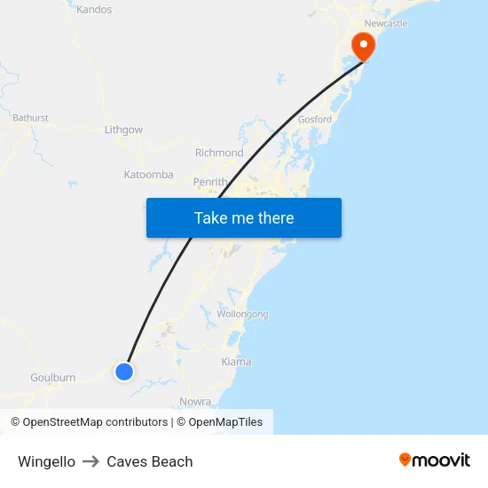 Wingello to Caves Beach map