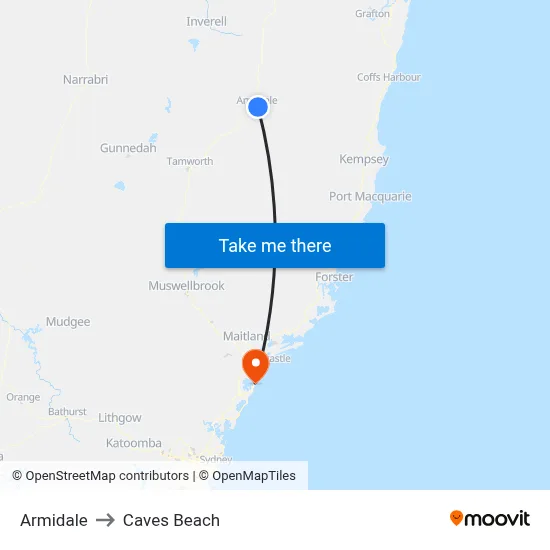 Armidale to Caves Beach map