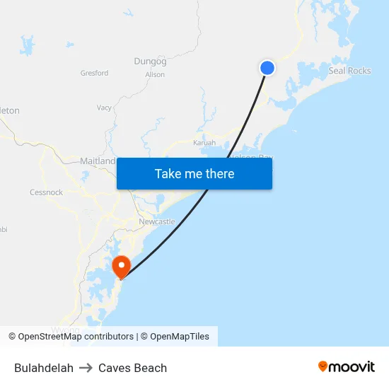 Bulahdelah to Caves Beach map