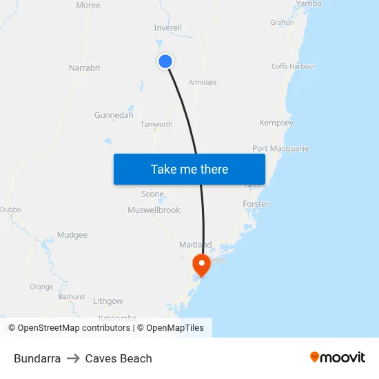 Bundarra to Caves Beach map