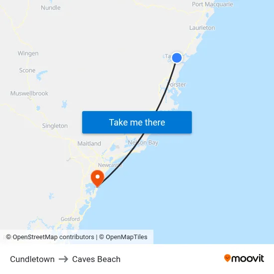 Cundletown to Caves Beach map