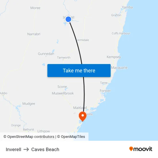 Inverell to Caves Beach map