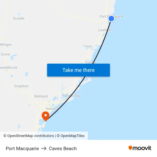 Port Macquarie to Caves Beach map