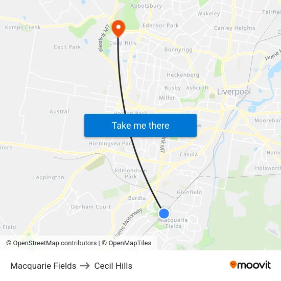 Macquarie Fields to Cecil Hills map