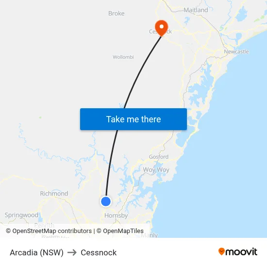 Arcadia (NSW) to Cessnock map